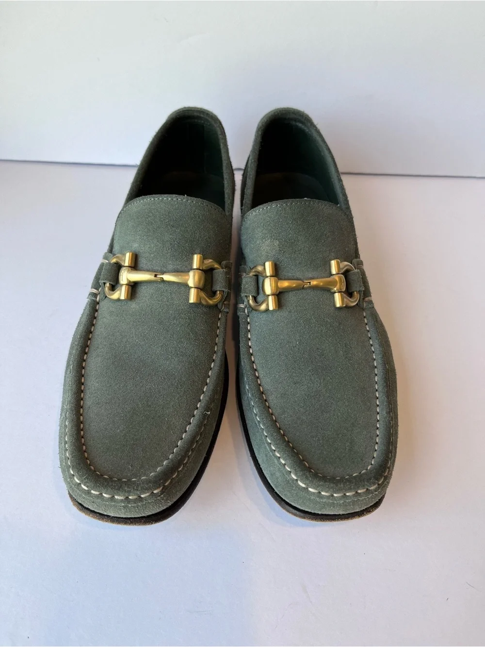 Salvatore Ferragamo Gancini Buckle Green Suede Loafers